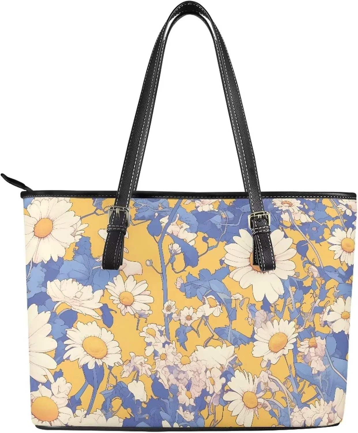 Tote Bag for Women Painting Flowers Zipper Hobo Bag, Bohemia Art Faux Leather Shoulder Briefcase Work Tote Purse