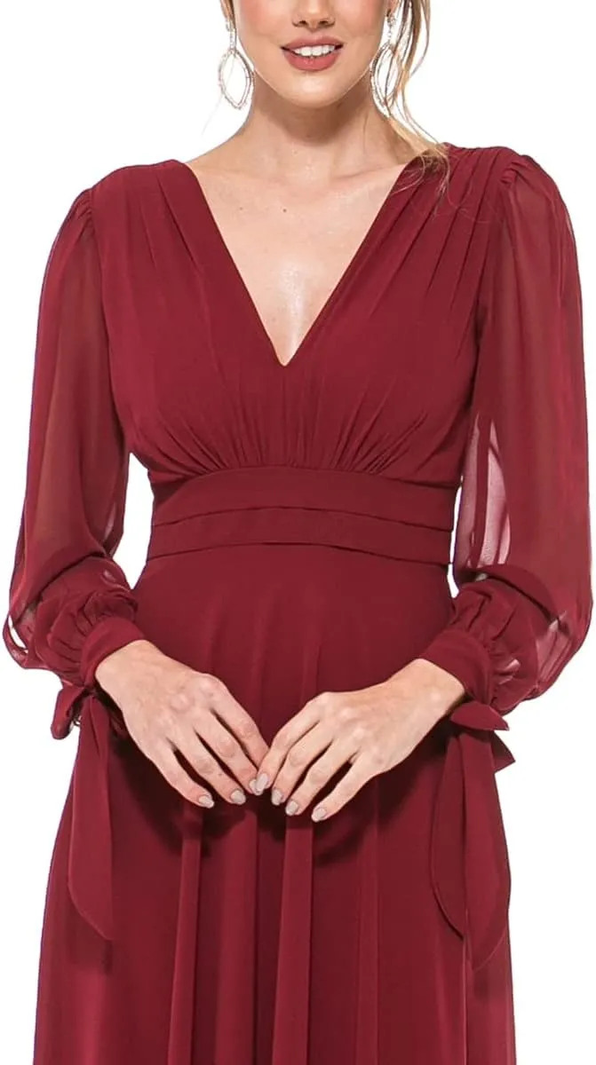 TRHTX Elegant Chiffon Long Sleeve Bridesmaid Dresses for Women Long V Neck Formal Dresses A-line Pleated Party Gowns