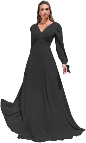 TRHTX Elegant Chiffon Long Sleeve Bridesmaid Dresses for Women Long V Neck Formal Dresses A-line Pleated Party Gowns