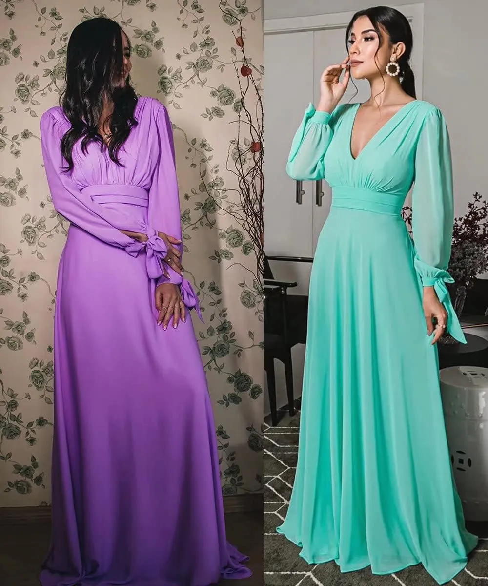 TRHTX Elegant Chiffon Long Sleeve Bridesmaid Dresses for Women Long V Neck Formal Dresses A-line Pleated Party Gowns