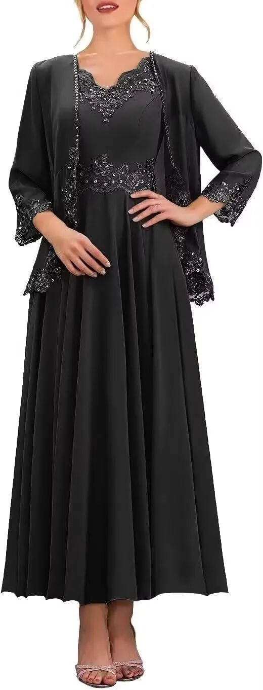 Two Piece Mother of The Bride Dresses with Jacket 3/4 Sleeves Chiffon Long Formal Evening Gown with Pockets