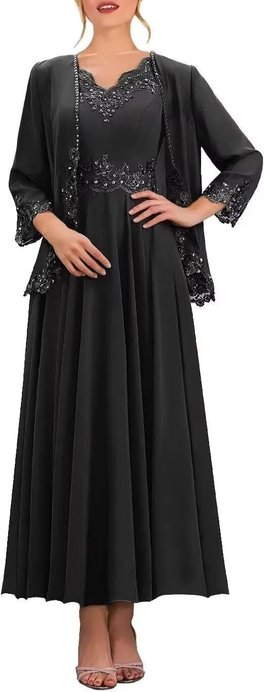 Two Pieces Mother of The Bride Dresses with Jacket 3/4 Sleeve Lace Applique V Neck Wedding Guest Dress with Pockets