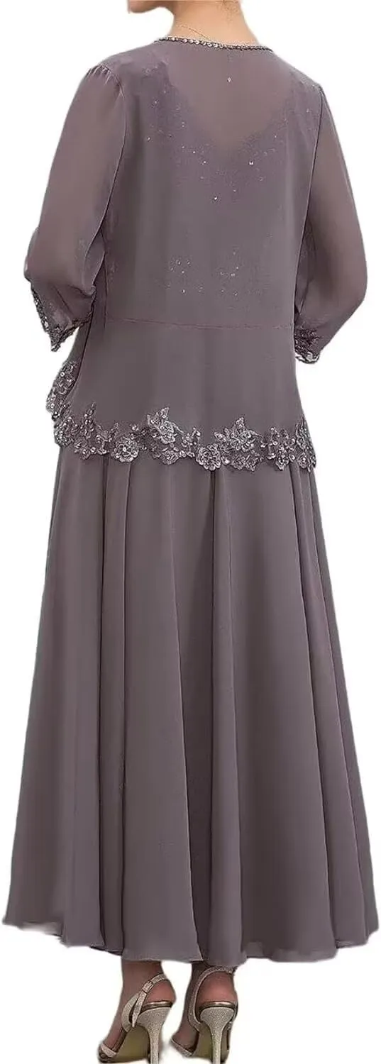 Two Pieces Mother of The Bride Dresses with Jacket 3/4 Sleeve Lace Applique V Neck Wedding Guest Dress with Pockets