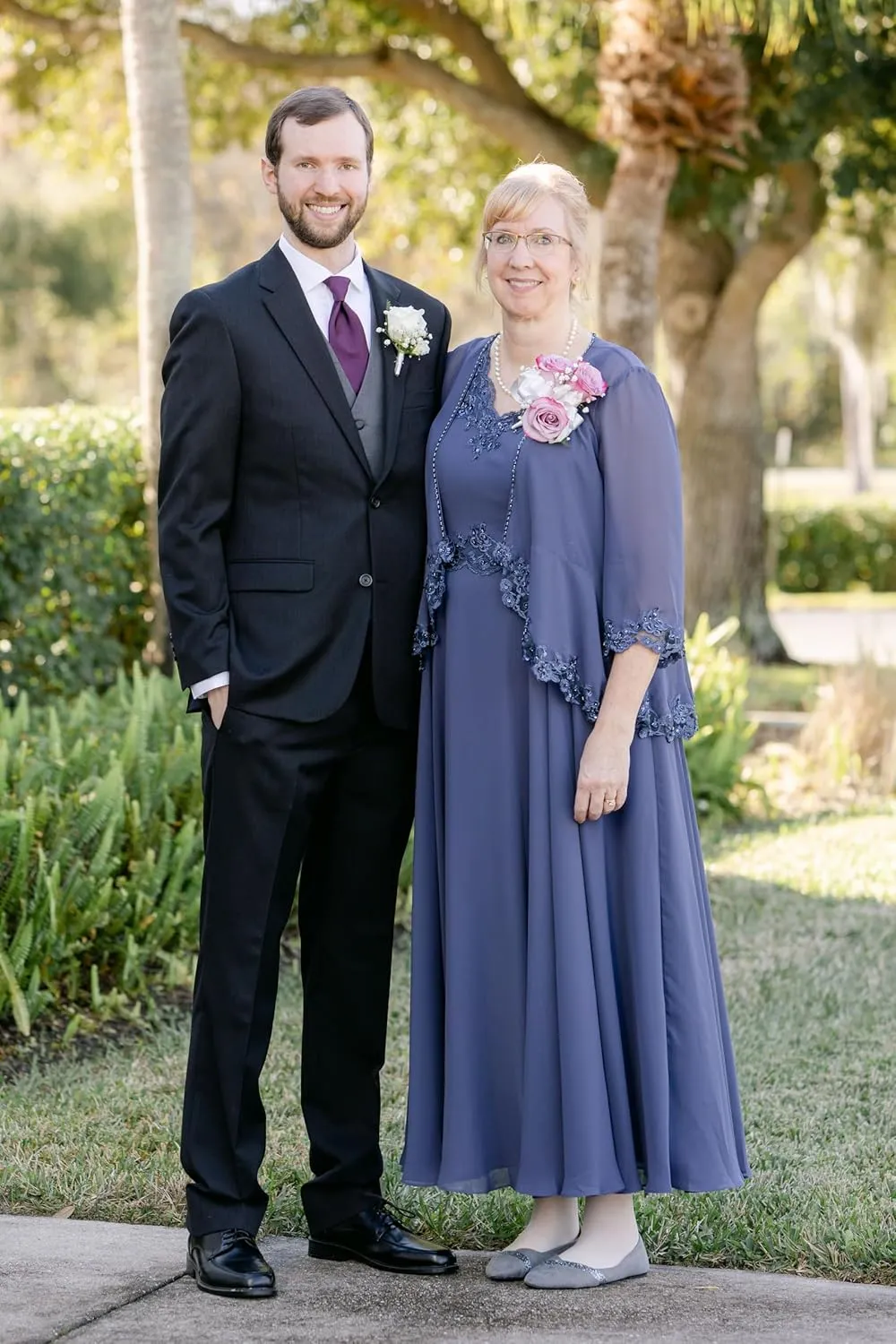 Two Pieces Mother of The Bride Dresses with Jacket 3/4 Sleeve Lace Applique V Neck Wedding Guest Dress with Pockets