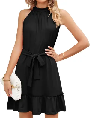 utcoco Women's 2024 Summer Dress Halter Casual Sleeveless Beach Outfits Boho Sundress Ruffle Belted Midi Dress