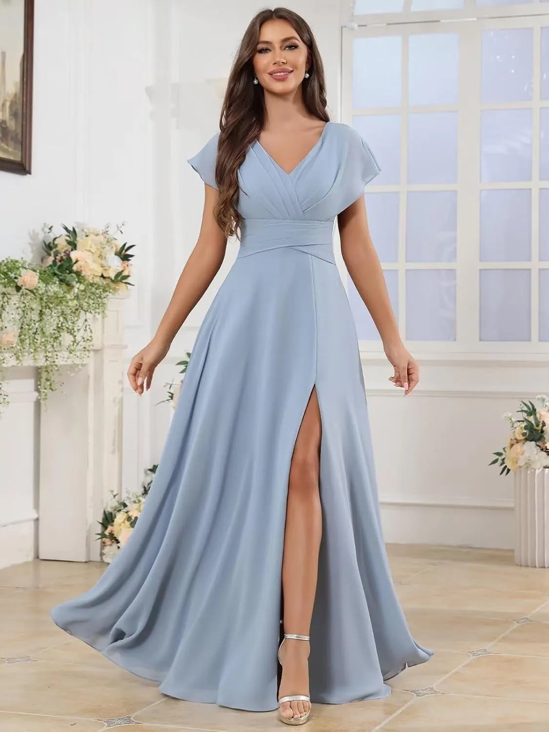 V Neck Chiffon Bridesmaid Dresses with Sleeves Long Slit A Line Formal Evening Dress for Women