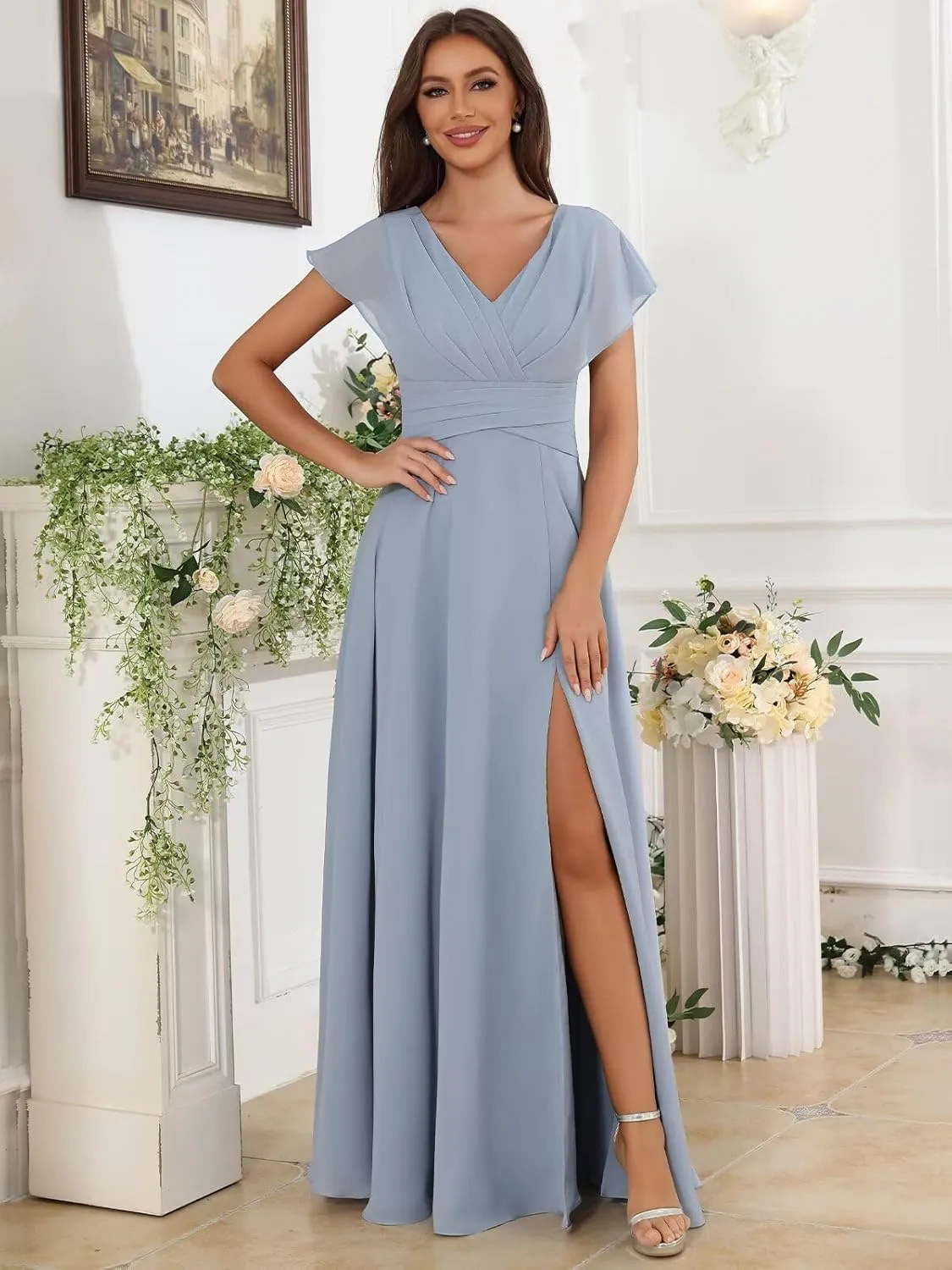 V Neck Chiffon Bridesmaid Dresses with Sleeves Long Slit A Line Formal Evening Dress for Women
