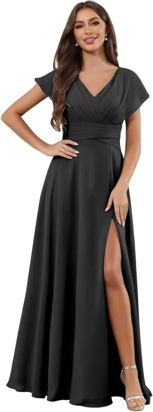 V Neck Chiffon Bridesmaid Dresses with Sleeves Long Slit A Line Formal Evening Dress for Women
