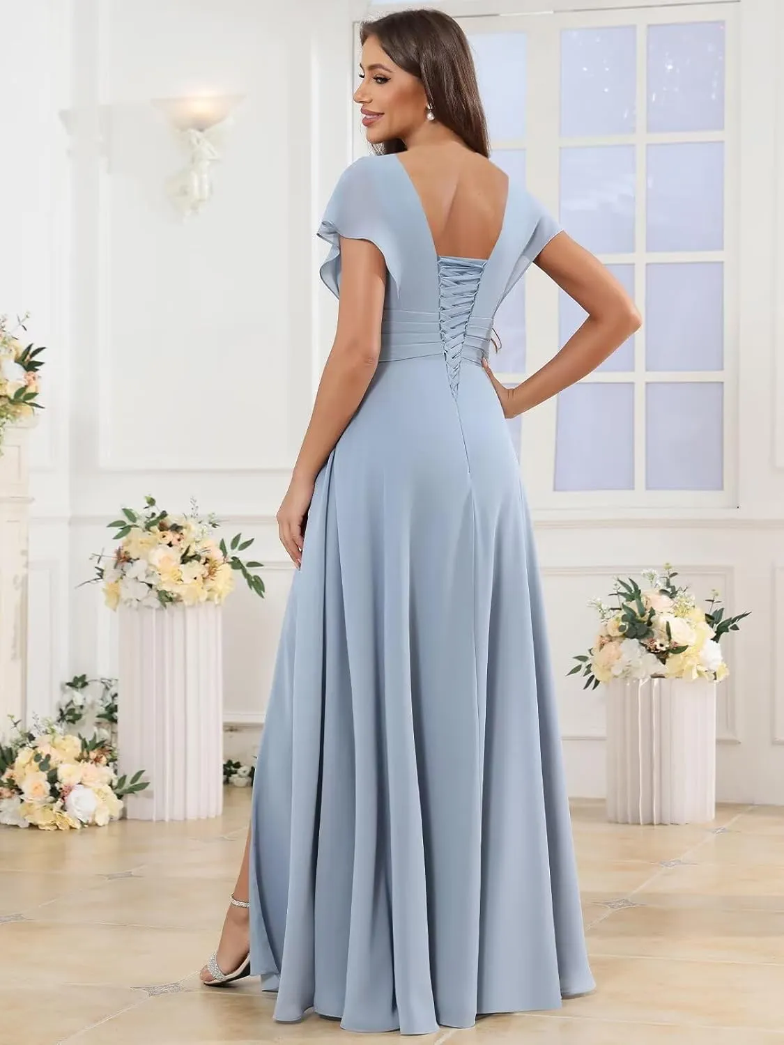 V Neck Chiffon Bridesmaid Dresses with Sleeves Long Slit A Line Formal Evening Dress for Women