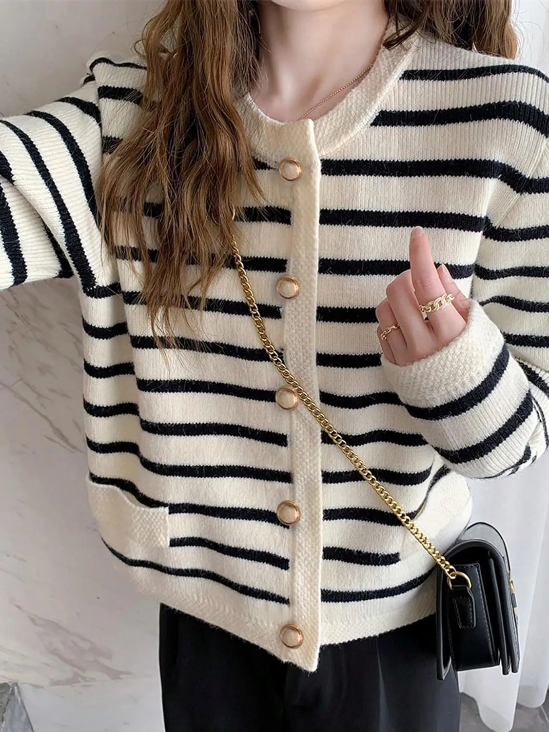 Verdusa Women's Old Money Button Down Cardigan Long Sleeve Crew Neck Sweater Cardigans
