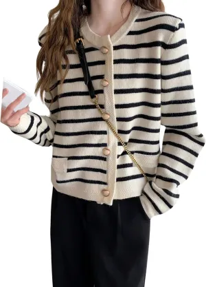 Verdusa Women's Old Money Button Down Cardigan Long Sleeve Crew Neck Sweater Cardigans