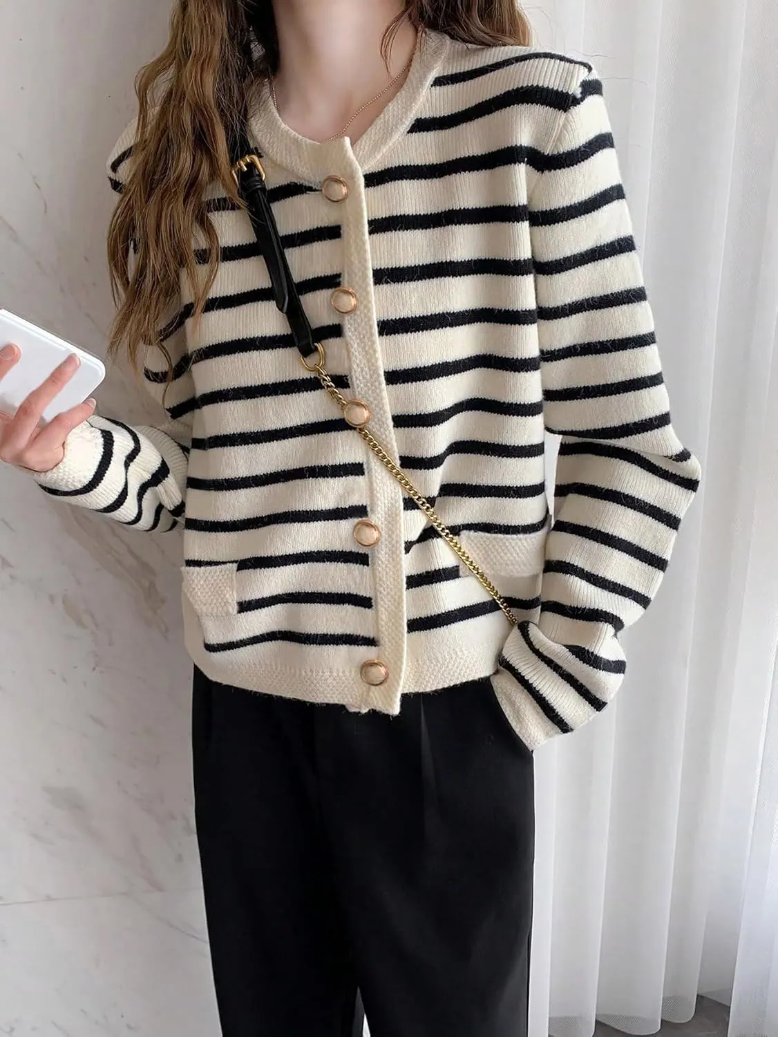 Verdusa Women's Old Money Button Down Cardigan Long Sleeve Crew Neck Sweater Cardigans
