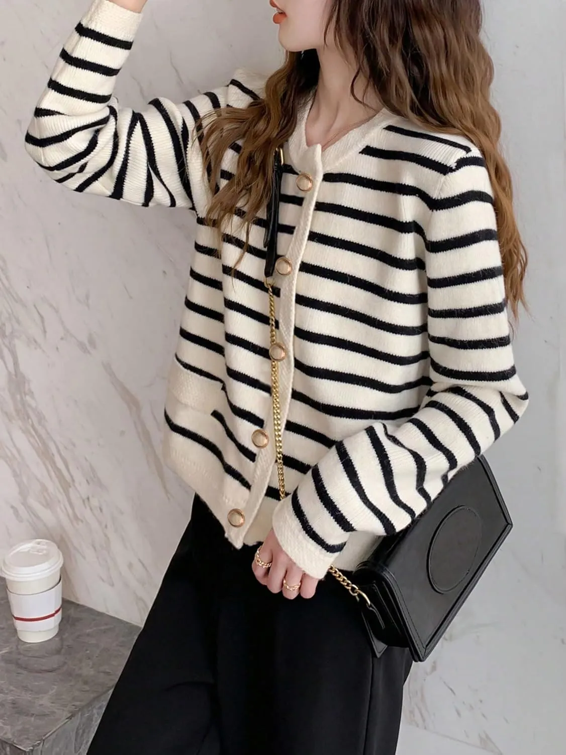 Verdusa Women's Old Money Button Down Cardigan Long Sleeve Crew Neck Sweater Cardigans