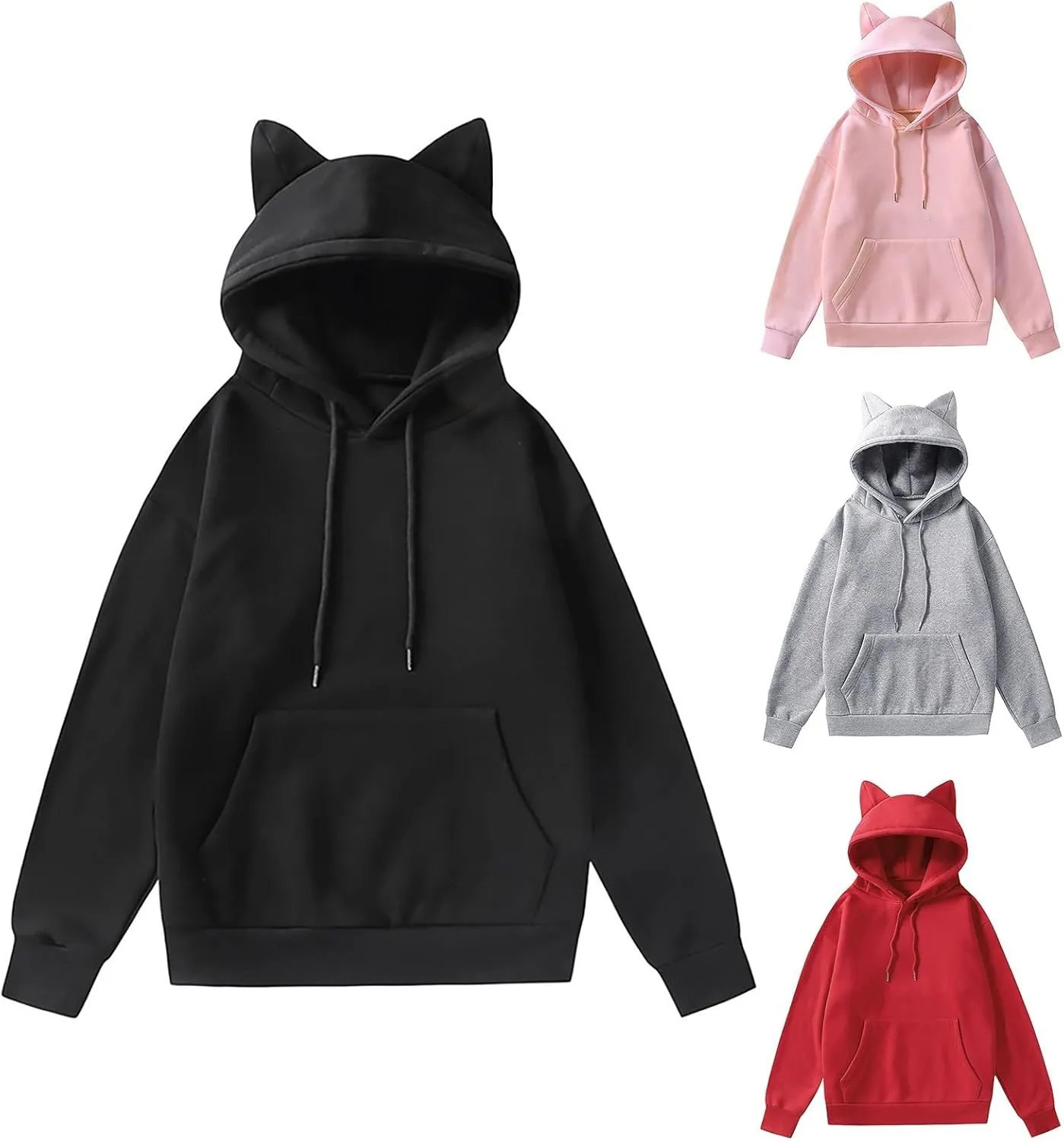 Vickyleb Women's Hoodies Cute Cat Ears Fleece Long Sleeve Pullover Sweatshirts Drawstring Solid Casual Basic Sweatshirt