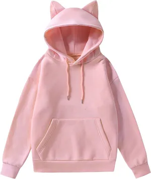 Vickyleb Women's Hoodies Cute Cat Ears Fleece Long Sleeve Pullover Sweatshirts Drawstring Solid Casual Basic Sweatshirt