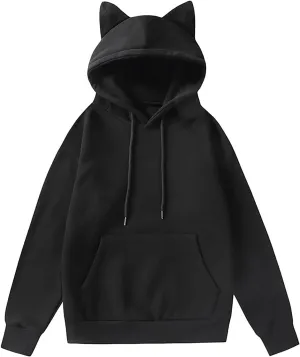 Vickyleb Women's Hoodies Cute Cat Ears Fleece Long Sleeve Pullover Sweatshirts Drawstring Solid Casual Basic Sweatshirt