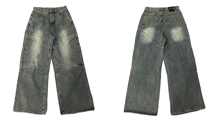 Vintage Sand Wash Wide-Leg Jeans with Stitch Detail