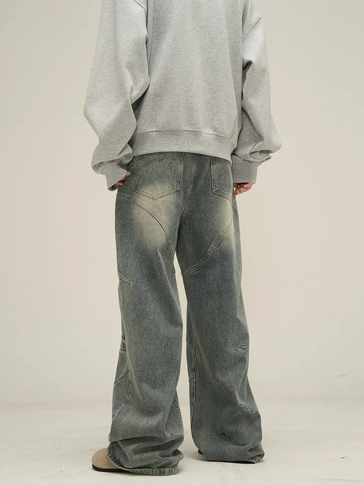 Vintage Sand Wash Wide-Leg Jeans with Stitch Detail