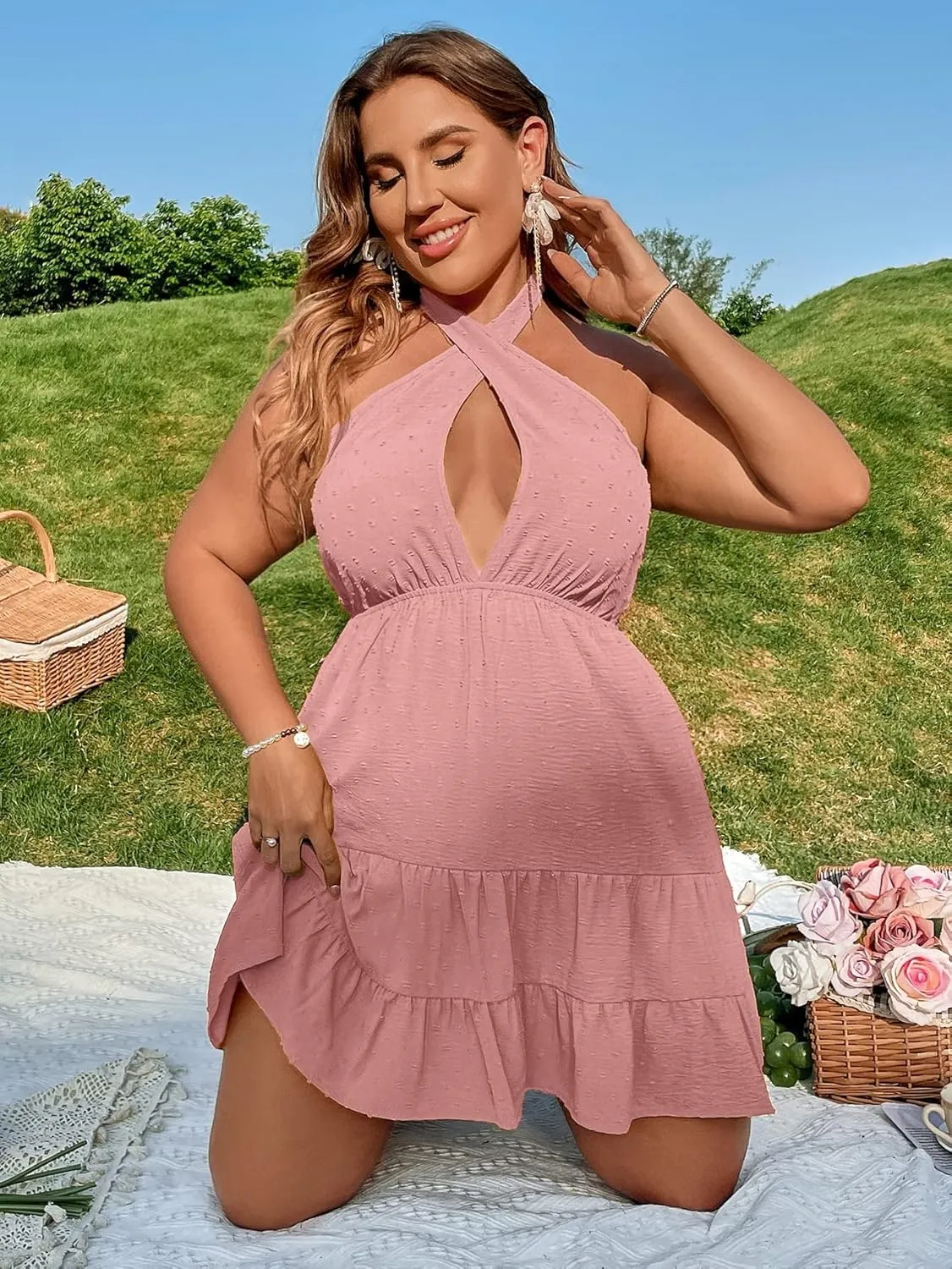 WDIRARA Women's Plus Size Crossover Halter Neck Tie Cut Out Ruffle Flowy A Line Dress 2023 Summer Short Dress