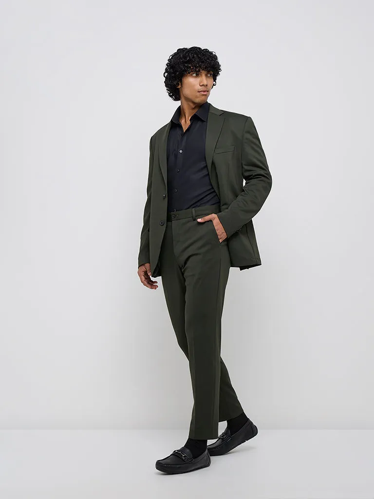 WES Formals Dark Green Slim-Tapered Mid-Rise Trousers