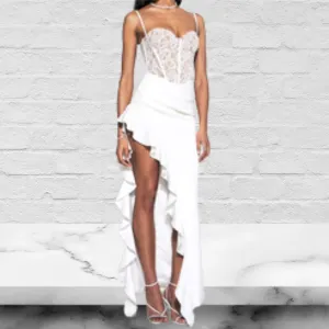 White Lace Patchwork Ruffle Slit Maxi Dress