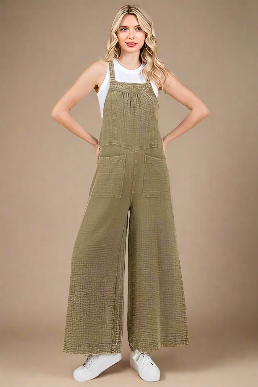 Wide Leg Overalls in Olive