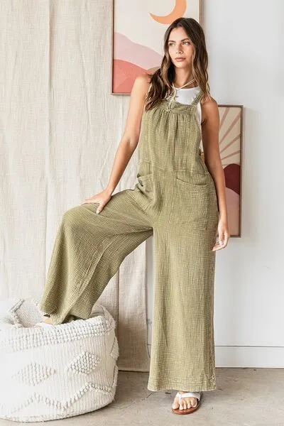 Wide Leg Overalls in Olive