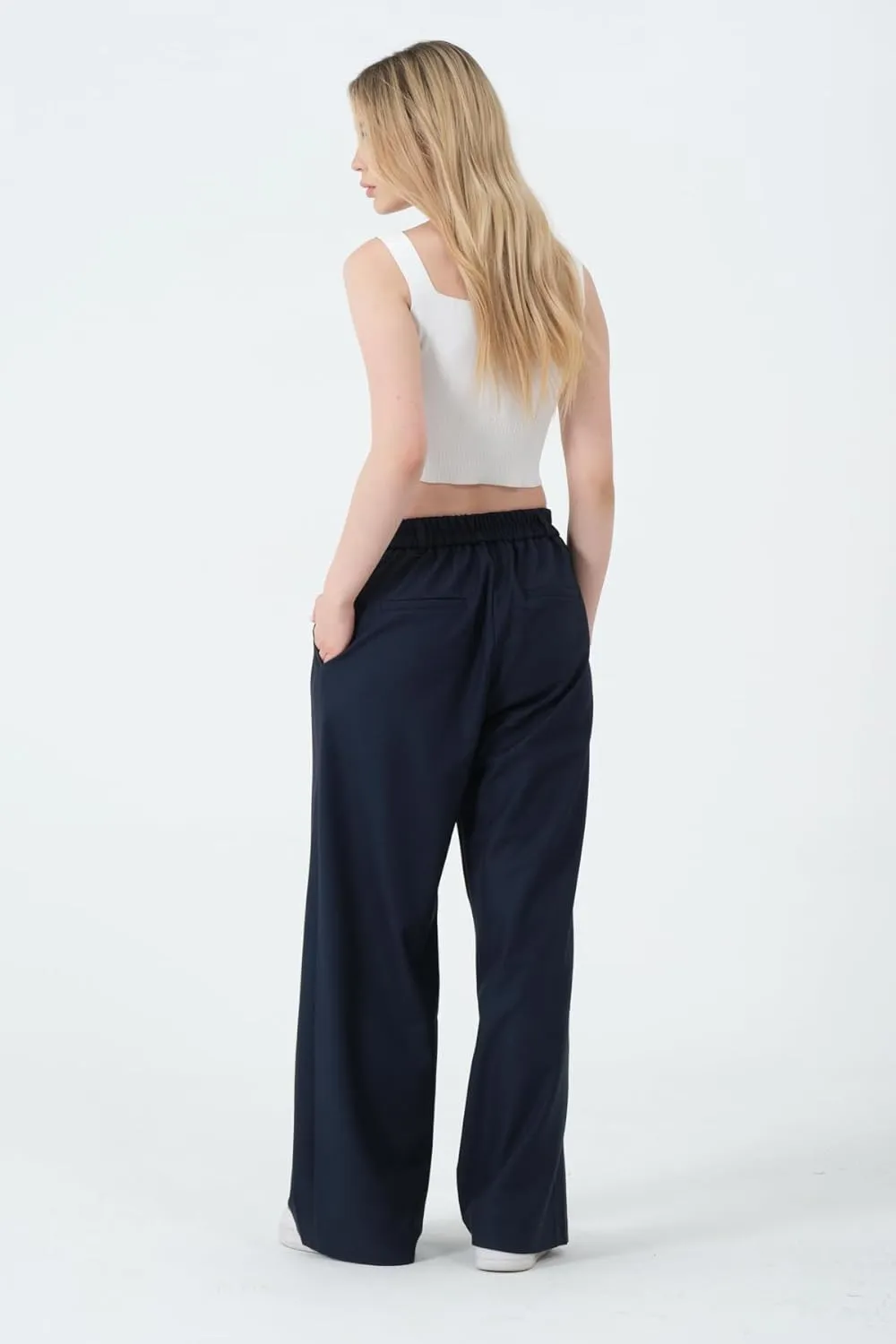 Wide Leg Work Pants Womens Elastic High Waisted Casual Office Dress Pants Trousers with Pocket Regular and Plus Size Slacks
