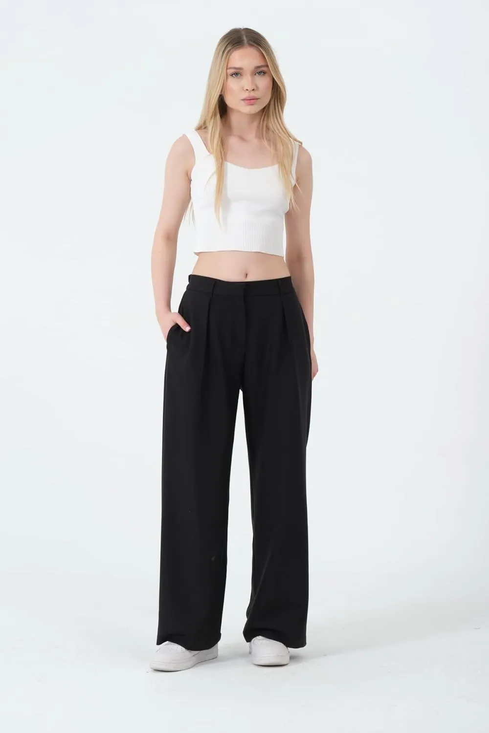 Wide Leg Work Pants Womens Elastic High Waisted Casual Office Dress Pants Trousers with Pocket Regular and Plus Size Slacks