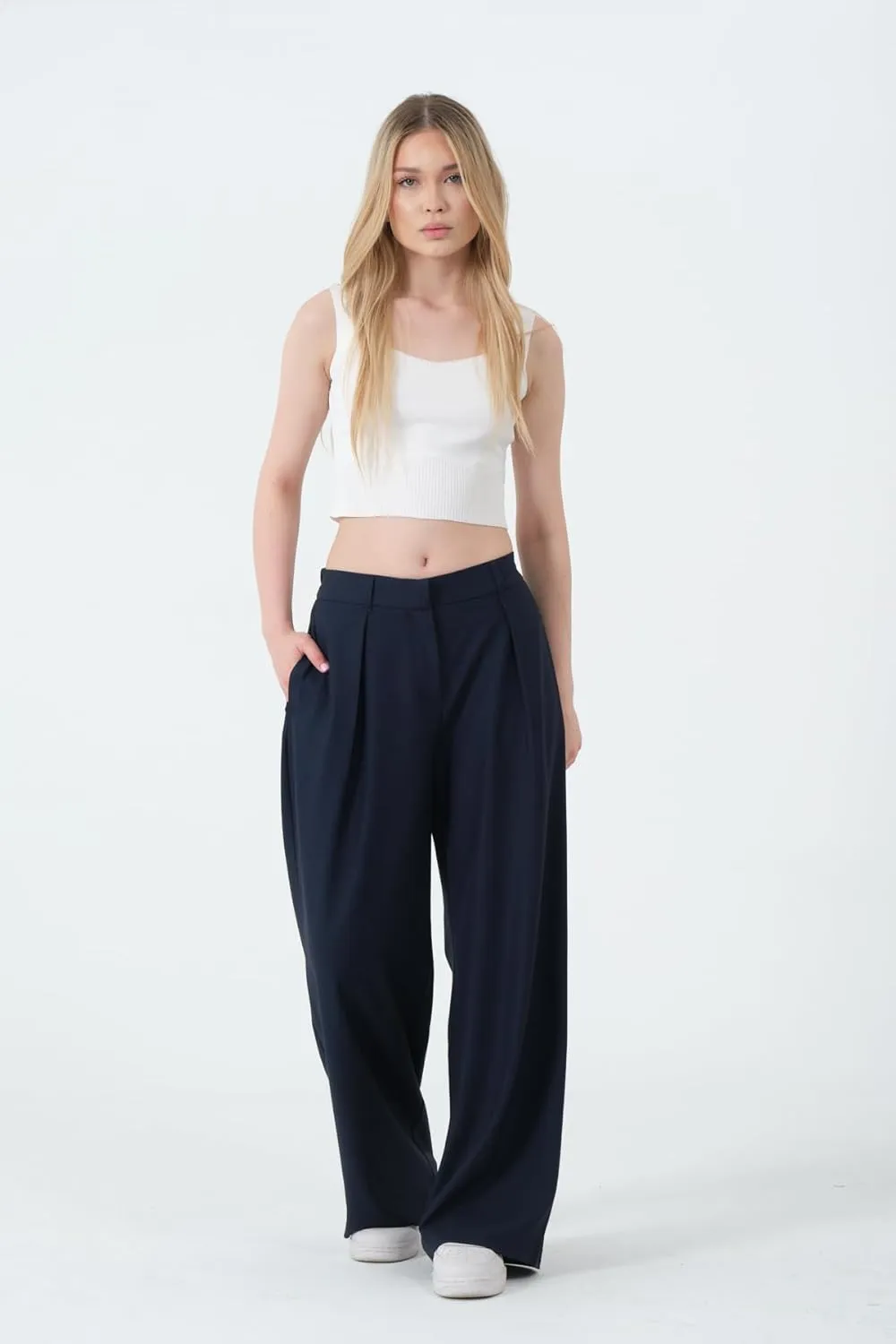 Wide Leg Work Pants Womens Elastic High Waisted Casual Office Dress Pants Trousers with Pocket Regular and Plus Size Slacks