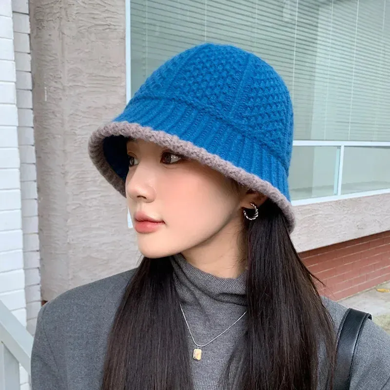 Winter Knitted Bucket Hat Warm Beanie for Women in Retro Style