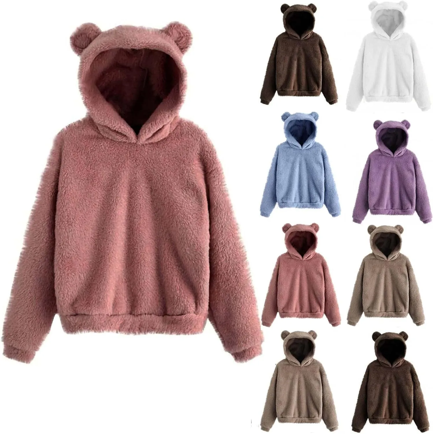 Wkishenl Fall Winter Womens Fluffy Bear Ear Hoodies,Lovely Plush Casual Sweatshirts,Fuzzy Warm Sweater,Plush Fuzzy Pullover