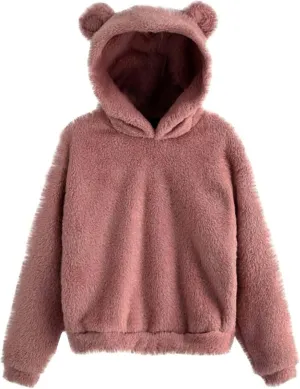 Wkishenl Fall Winter Womens Fluffy Bear Ear Hoodies,Lovely Plush Casual Sweatshirts,Fuzzy Warm Sweater,Plush Fuzzy Pullover