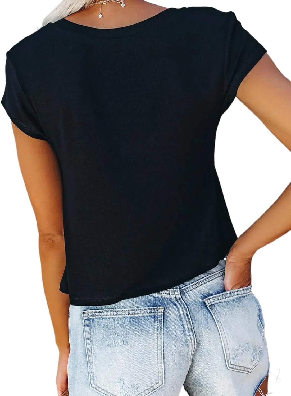 WMZCYXY Women V Neck Crop Tops Cap Sleeve Loose Fit Cropped T Shirts Casual Summer Solid Color Basic Tees