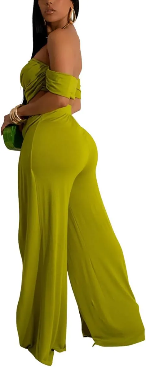 WOKANSE Elegant 2 Piece Outfit for Women Summer Off Shoulder Tube Crop Tops and High Waist Split Wide Leg Pants Sets
