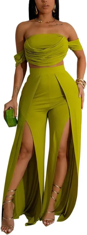 WOKANSE Elegant 2 Piece Outfit for Women Summer Off Shoulder Tube Crop Tops and High Waist Split Wide Leg Pants Sets