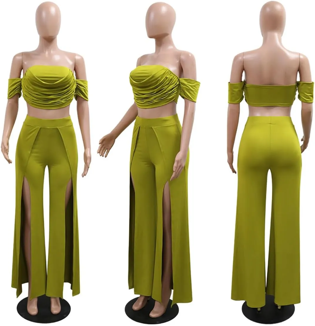 WOKANSE Elegant 2 Piece Outfit for Women Summer Off Shoulder Tube Crop Tops and High Waist Split Wide Leg Pants Sets