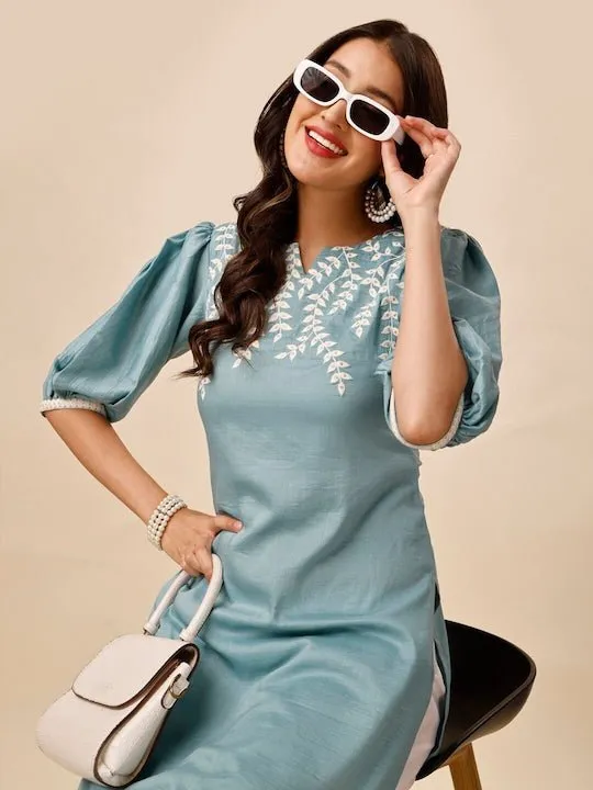 Women Blue Ethnic Motifs Yoke Design Regular Thread Work Kurta with Trousers