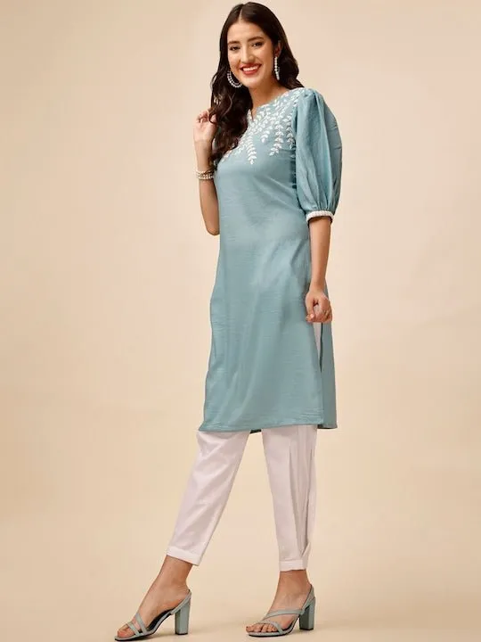 Women Blue Ethnic Motifs Yoke Design Regular Thread Work Kurta with Trousers