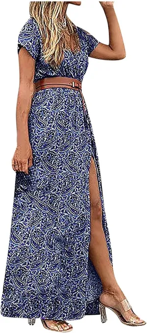 Women Boho Causal Summer Dress Short Sleeve High Waist Maxi Long Dresses 2024 Trendy Dress Beach Vacation Clothing