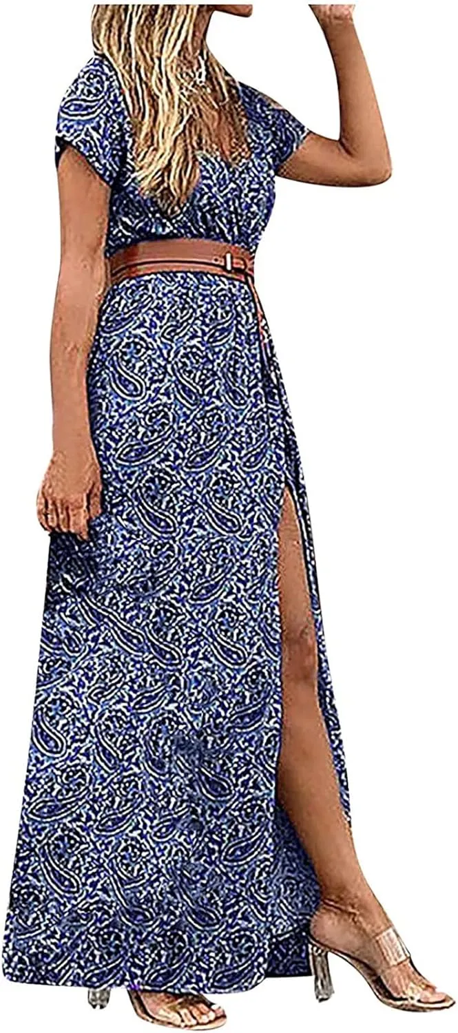 Women Boho Causal Summer Dress Short Sleeve High Waist Maxi Long Dresses 2024 Trendy Dress Beach Vacation Clothing