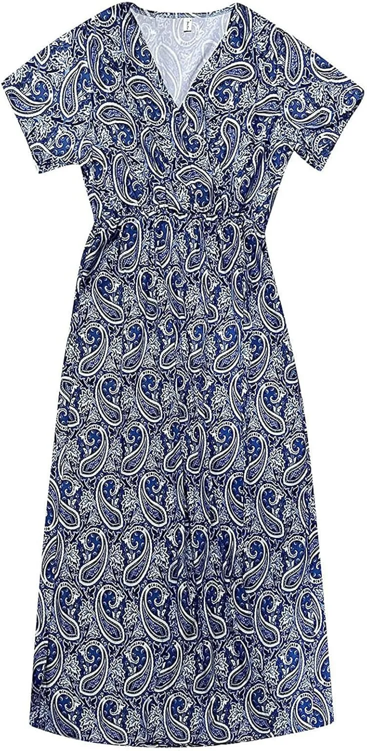 Women Boho Causal Summer Dress Short Sleeve High Waist Maxi Long Dresses 2024 Trendy Dress Beach Vacation Clothing