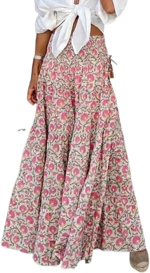Women Boho Floral Print Midi Skirt Casual Elastic High Waist Pleated Swing a Line Boho Beach Maxi Skirt