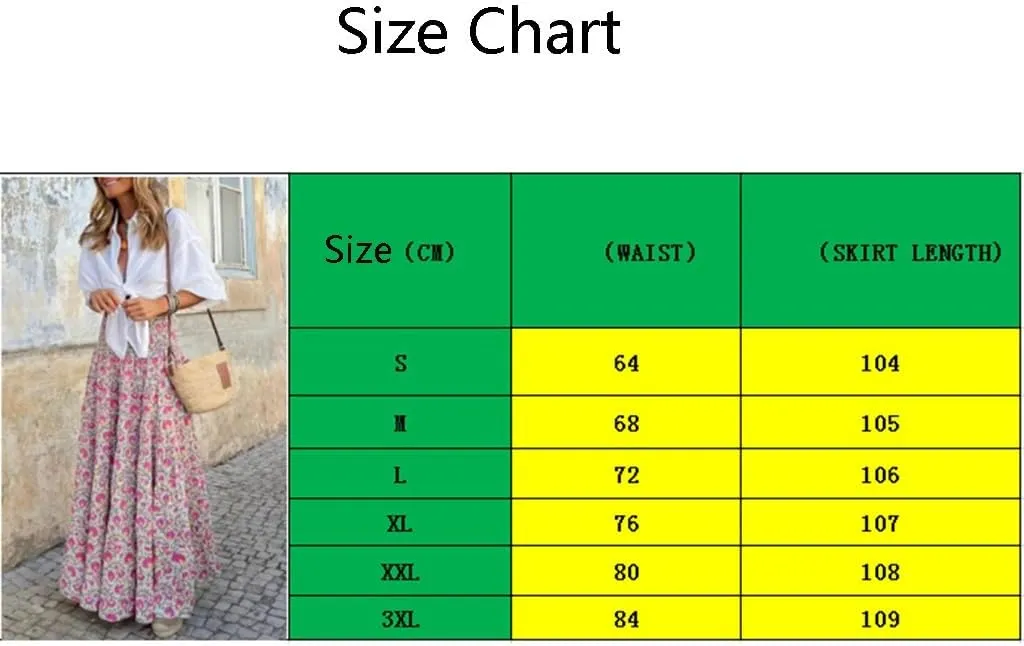 Women Boho Floral Print Midi Skirt Casual Elastic High Waist Pleated Swing a Line Boho Beach Maxi Skirt