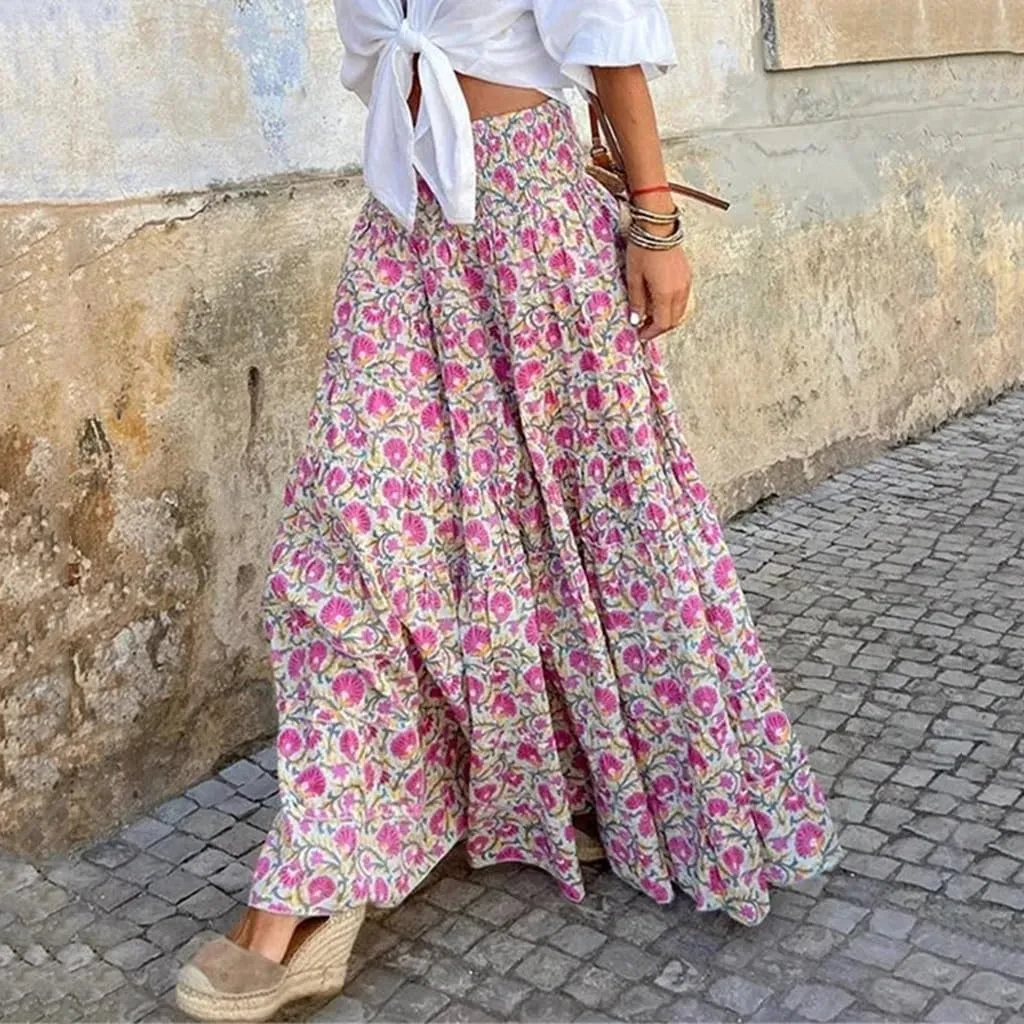 Women Boho Floral Print Midi Skirt Casual Elastic High Waist Pleated Swing a Line Boho Beach Maxi Skirt