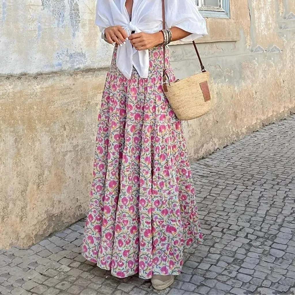 Women Boho Floral Print Midi Skirt Casual Elastic High Waist Pleated Swing a Line Boho Beach Maxi Skirt