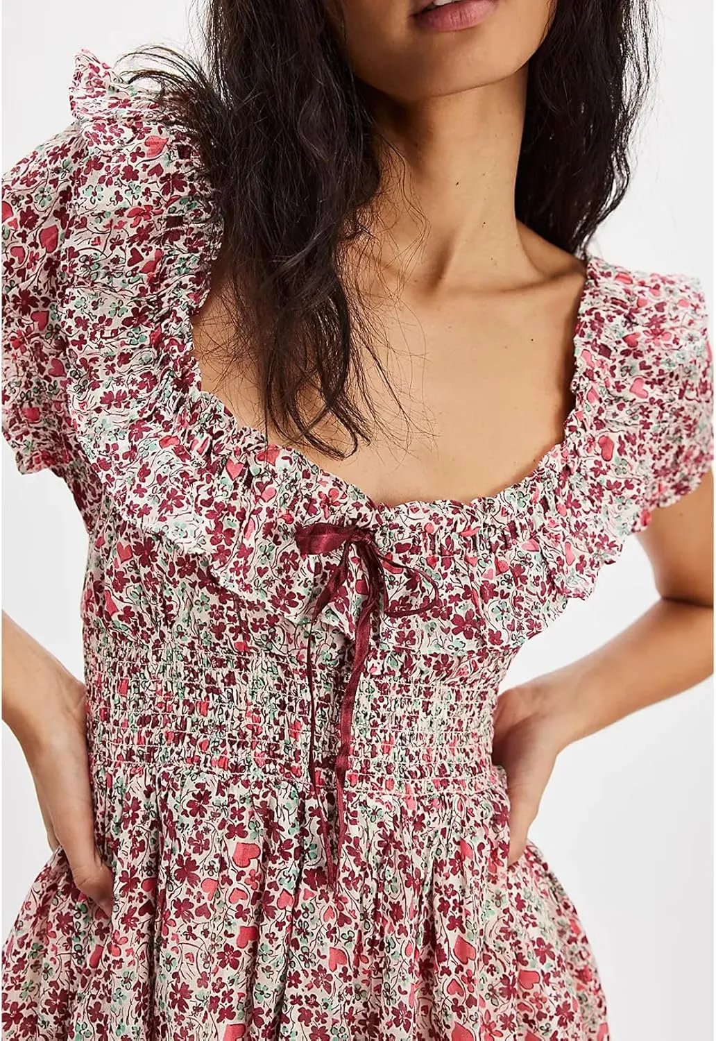 Women Boho Floral Puff Short Sleeve Smocked Ruffle Mini Dress Y2k Square Neck Backless Flowy Babydoll Dresses