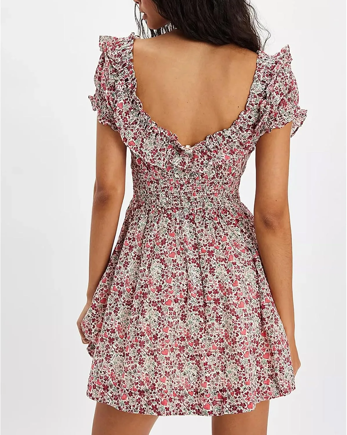 Women Boho Floral Puff Short Sleeve Smocked Ruffle Mini Dress Y2k Square Neck Backless Flowy Babydoll Dresses