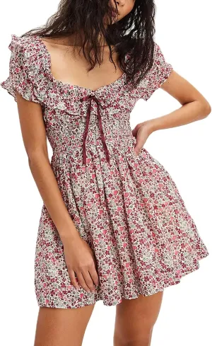 Women Boho Floral Puff Short Sleeve Smocked Ruffle Mini Dress Y2k Square Neck Backless Flowy Babydoll Dresses
