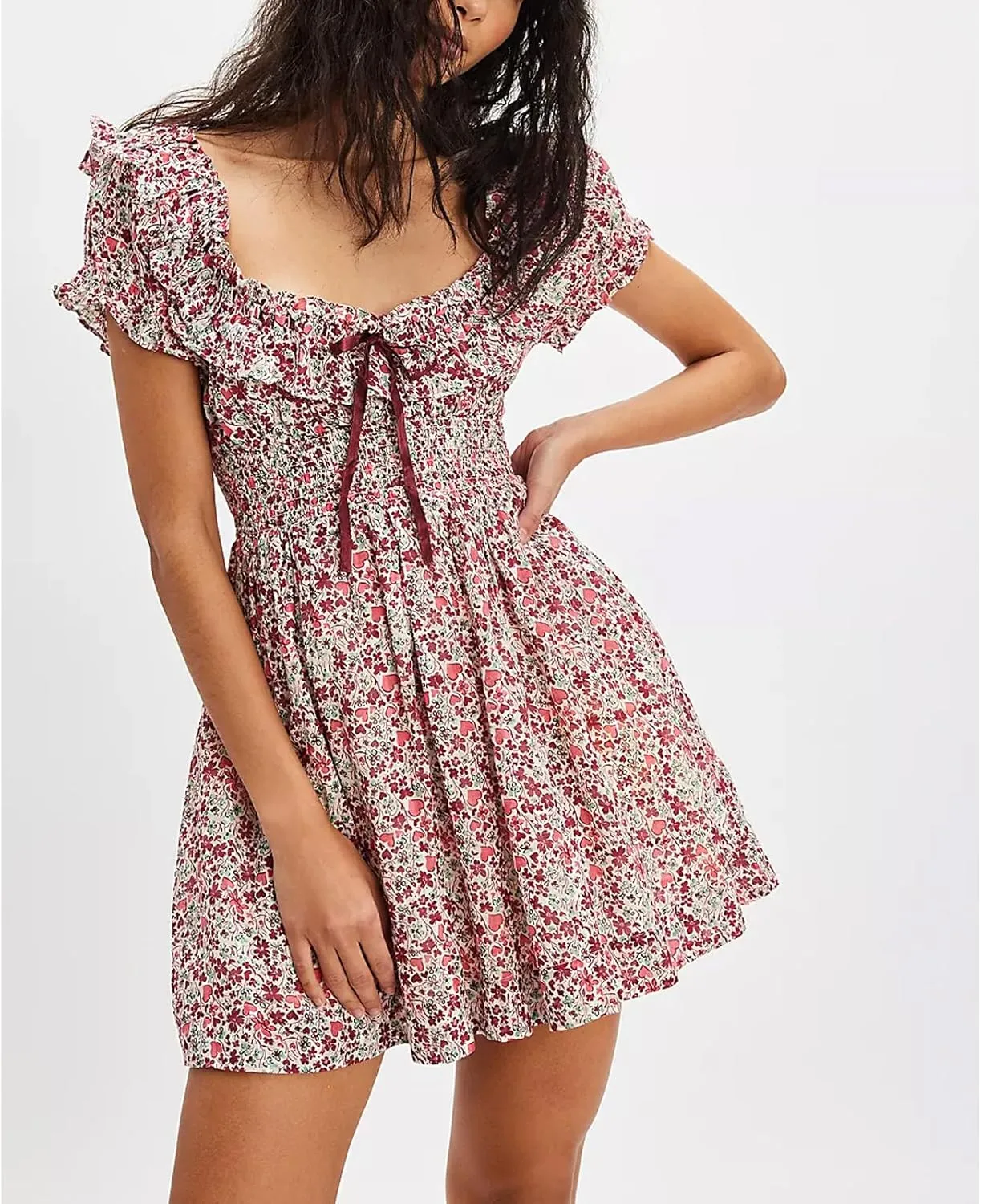Women Boho Floral Puff Short Sleeve Smocked Ruffle Mini Dress Y2k Square Neck Backless Flowy Babydoll Dresses